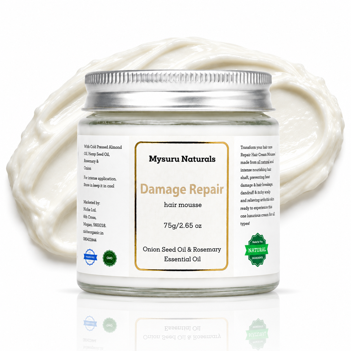 Mysuru naturals damage repair hair mousse jar with a white background