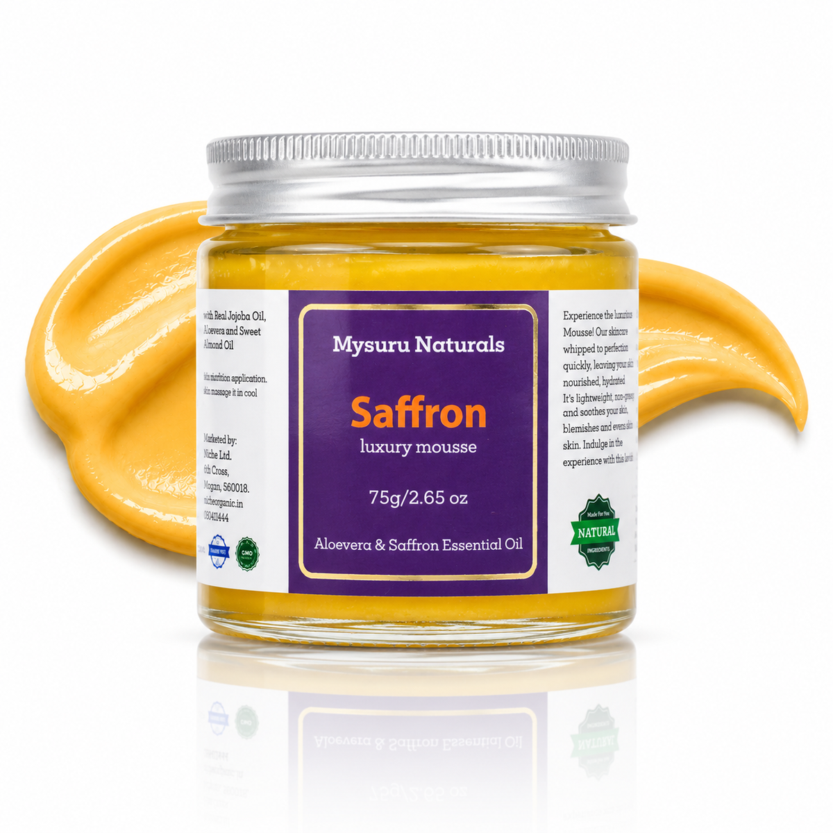 Jar of mysuru naturals saffron luxury mousse with a purple label on a white background