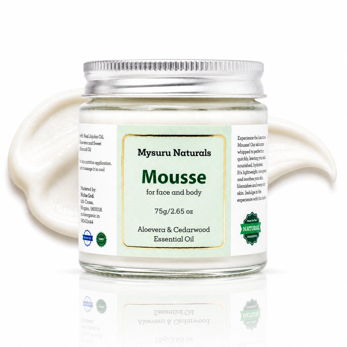 Mysuru naturals mousse jar with label on a white background