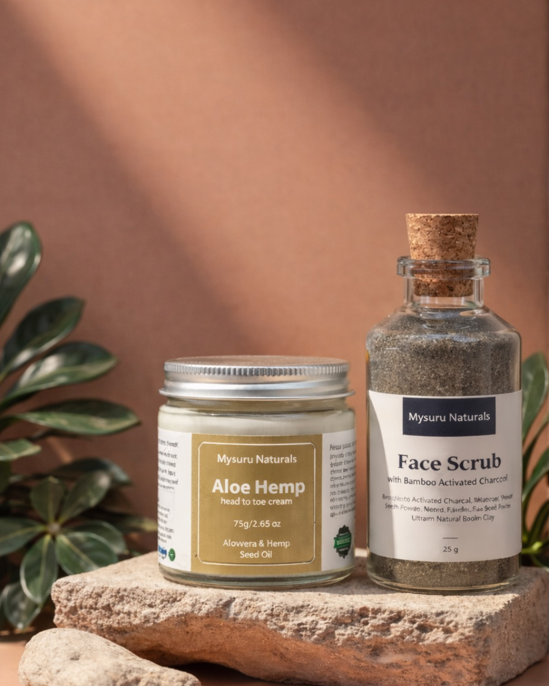 Two natural skincare products, a jar and a bottle, on a stone surface with a plant in the background
