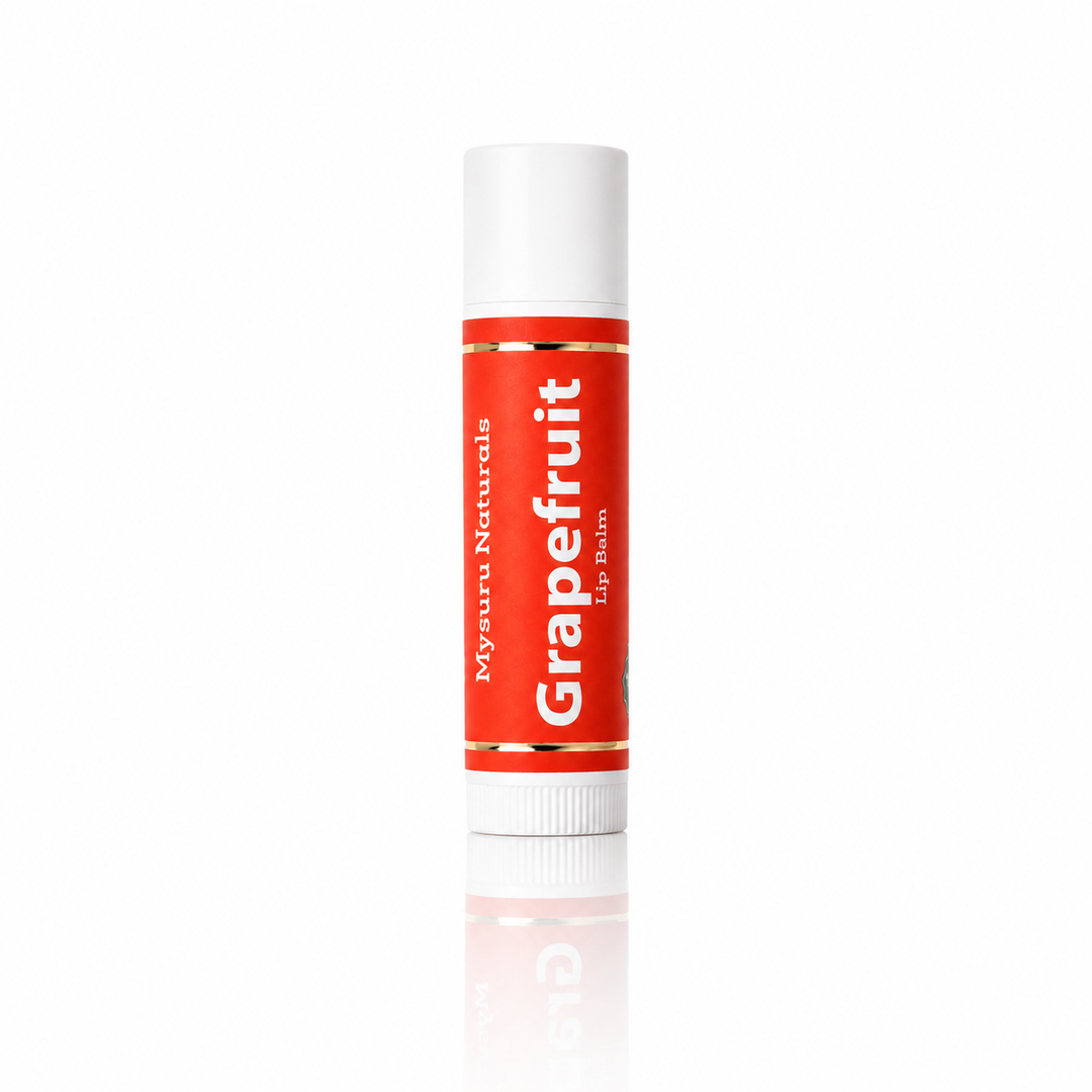 Grapefruit lip balm with red label on white background