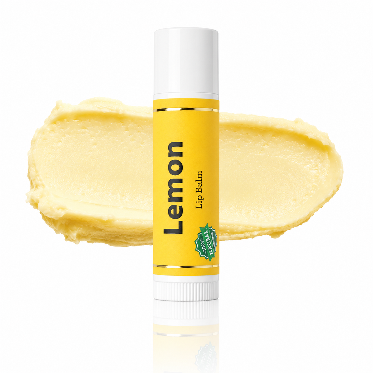 Lemon flavored lip balm with a yellow tube and white cap on a white background