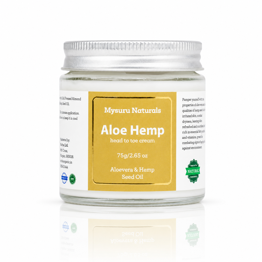 Jar of Mysuru Naturals Aloe Hemp cream on a white background