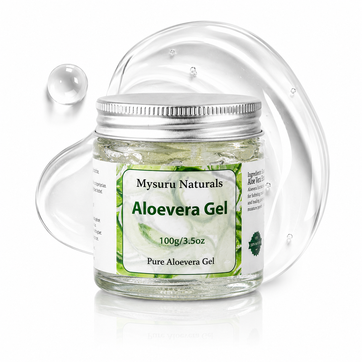Mysuru naturals aloe vera gel jar with a dropper on a white background