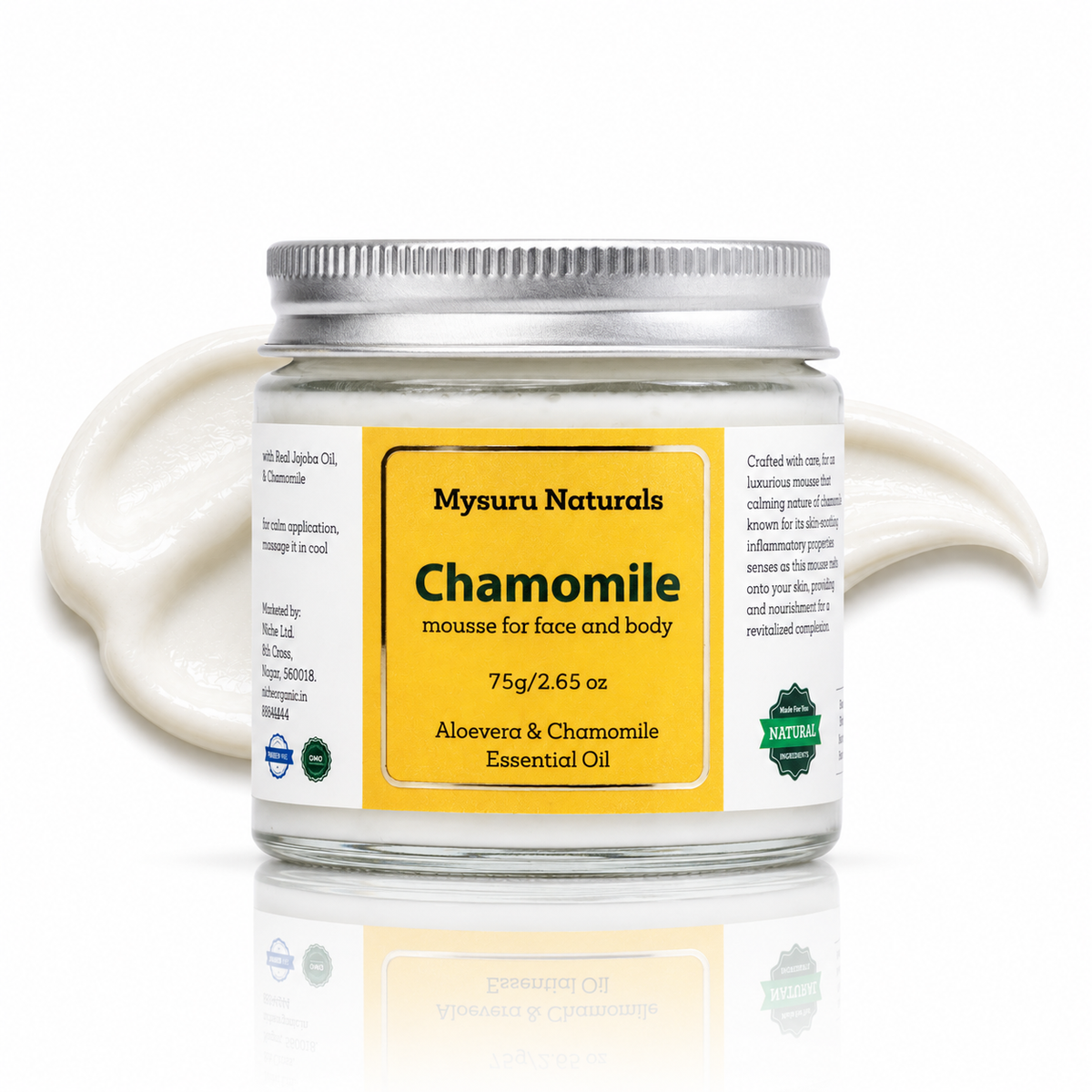 Jar of mysuru naturals chamomile mousse with a yellow label on a white background