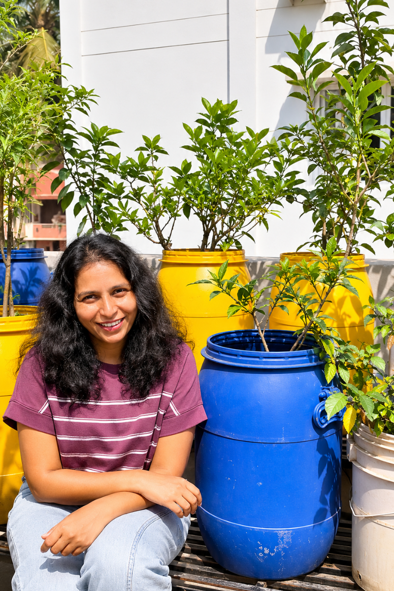Woman sitting next to a blue barrel with plants around her