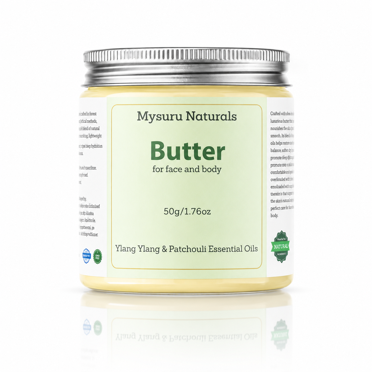 Mysuru naturals butter container with label on a white background